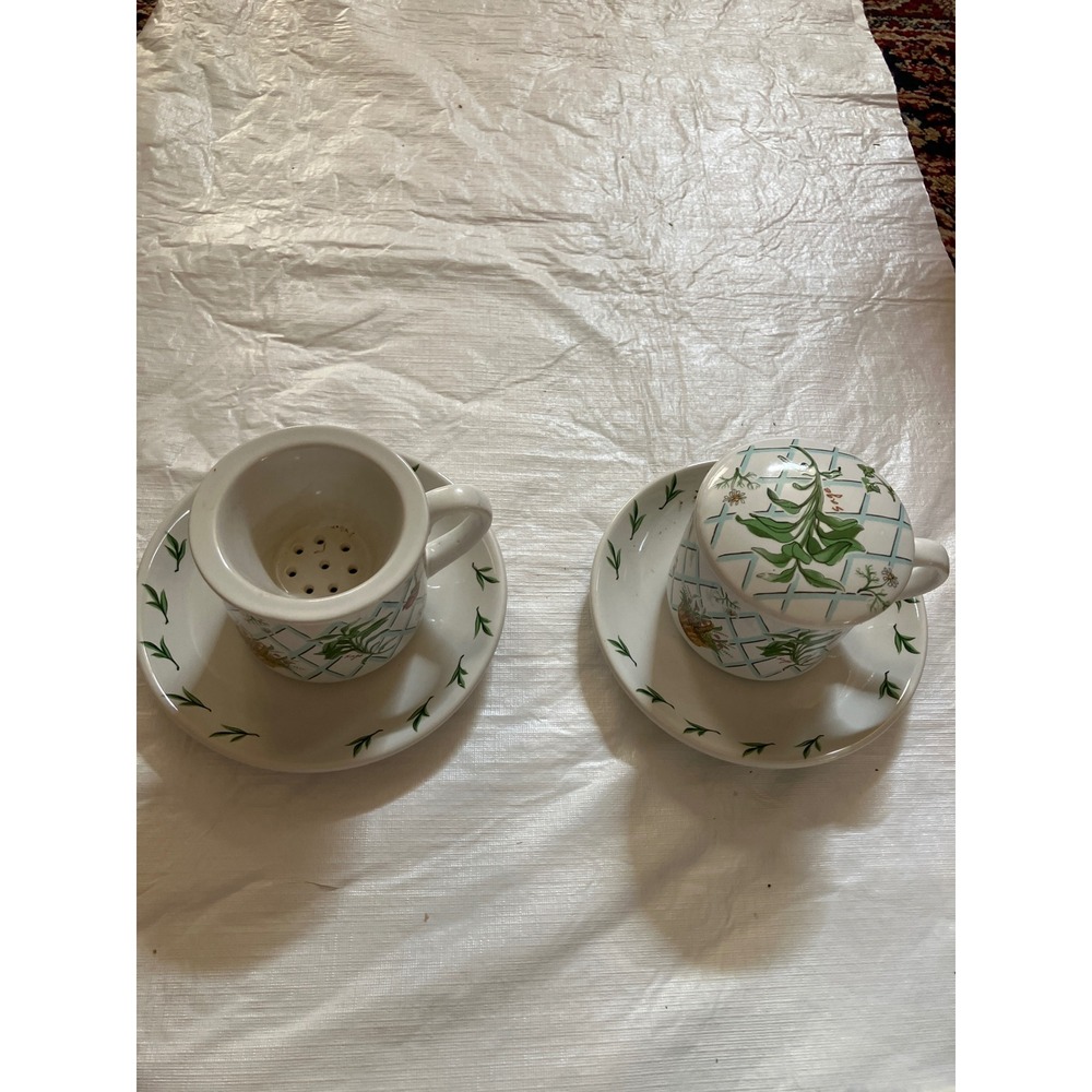 Set of 2 Garden Herb Botanical Print Coffee Tea Cups Saucers & Strainers